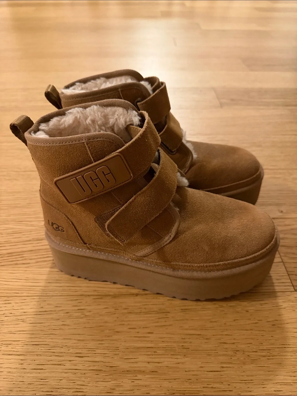 UGG Chestnut Suede Shearling Strap Platform Booties